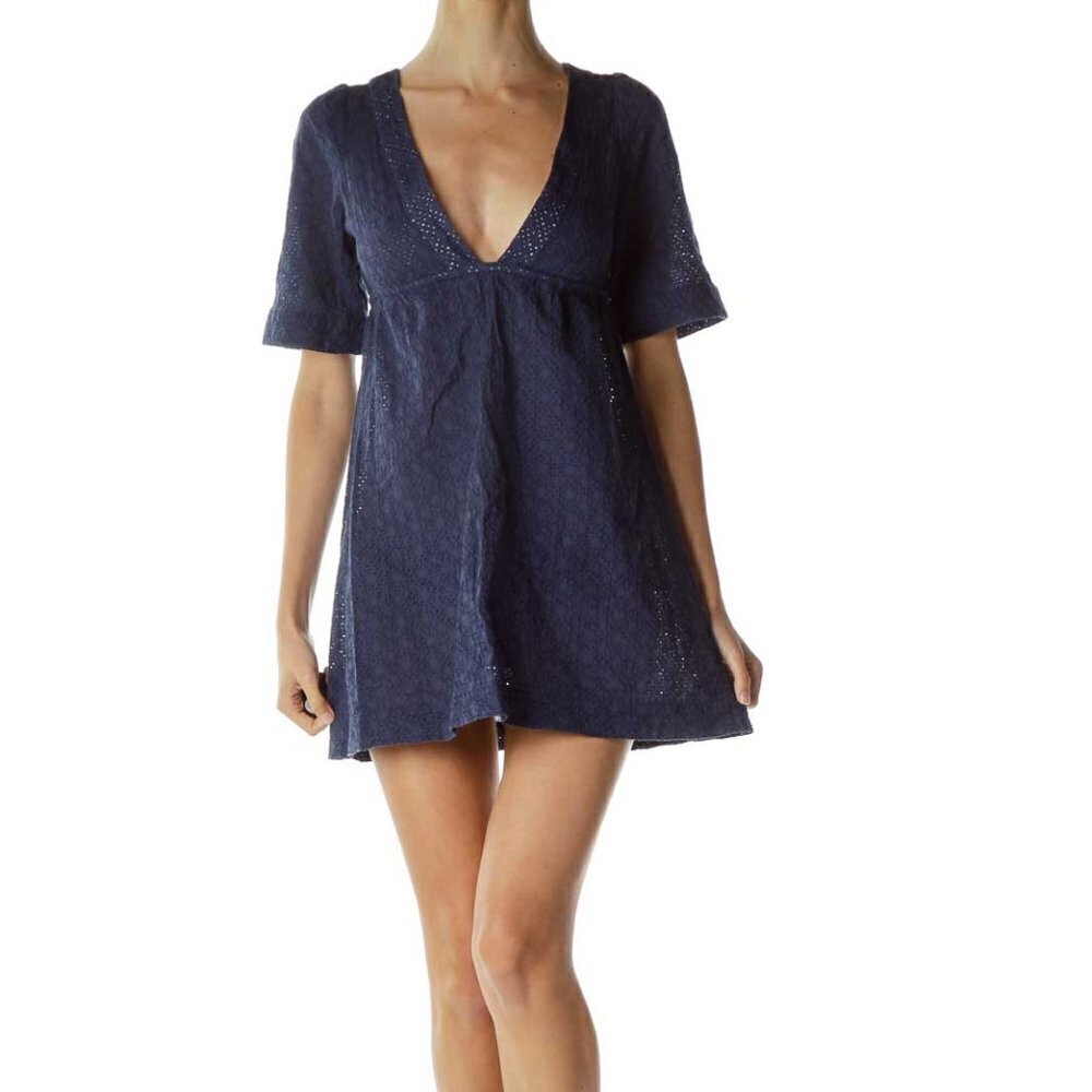Shoshanna Navy Eyelet V-Neck Day Dress
